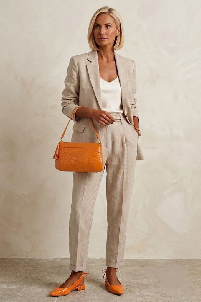 Dress slingback heels in apricot orange leather with flat flare heels and pointed toe - Worn view